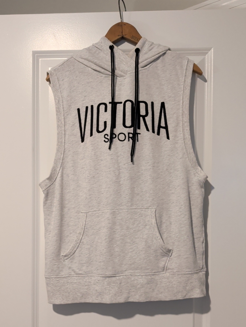Victoria Sport Sleeveless Hoodie - Light Heather Gray with Navy Logo